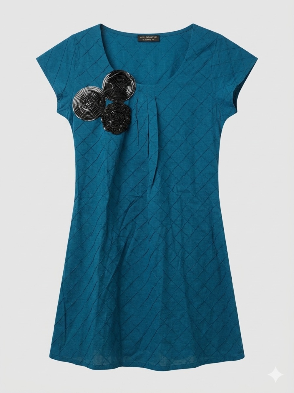 Teal Short-Sleeve Tunic with Decorative Rosettes
